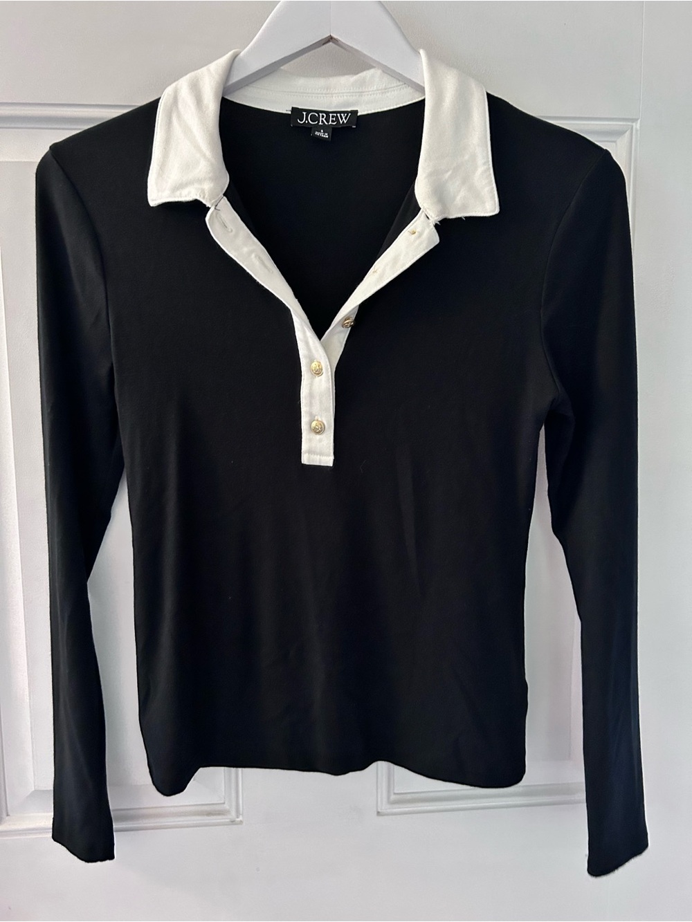 J. Crew Black Long-Sleeve Polo Top with White Trim